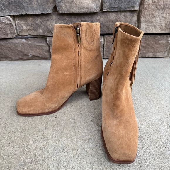 Sam Edelman Ona Fringe Boots Camel Squared Toe Suede - Picture 5 of 11